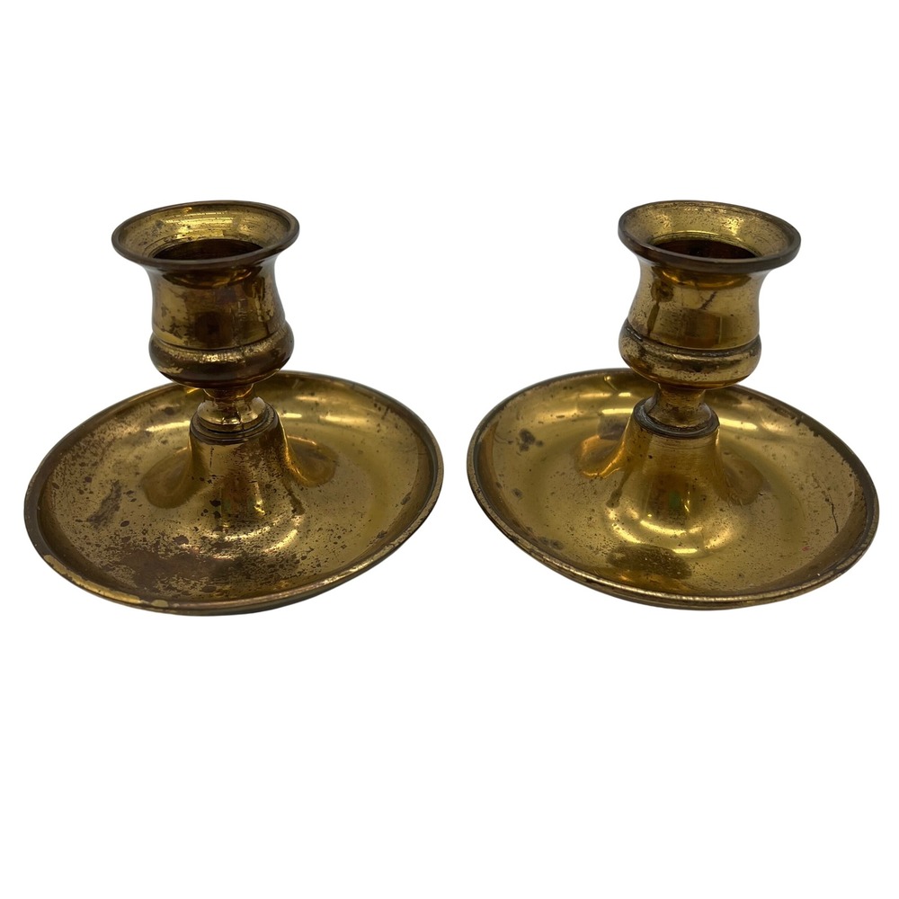 Antique English Brass Chamberstick Candle Holders Pair Stamped England c. 1890